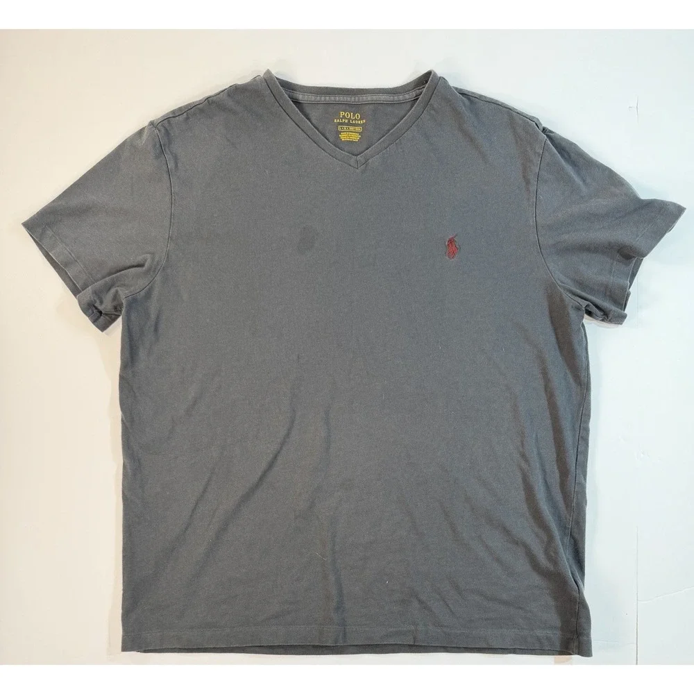 Polo‎ Ralph Lauren V Neck T Shirt Gray Red Pony Classic Logo Men's L